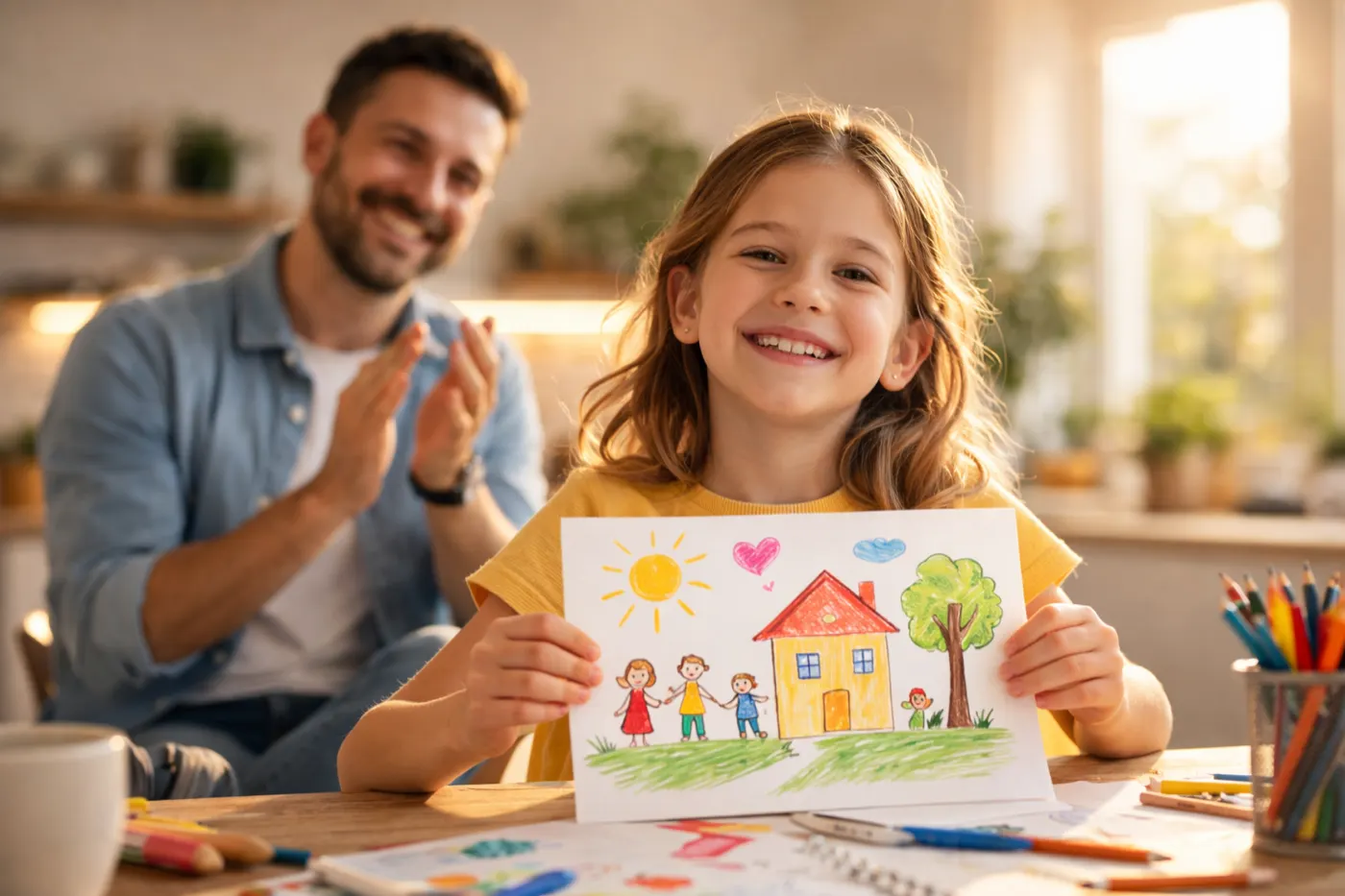 Girl showing a drawing, dad applauding