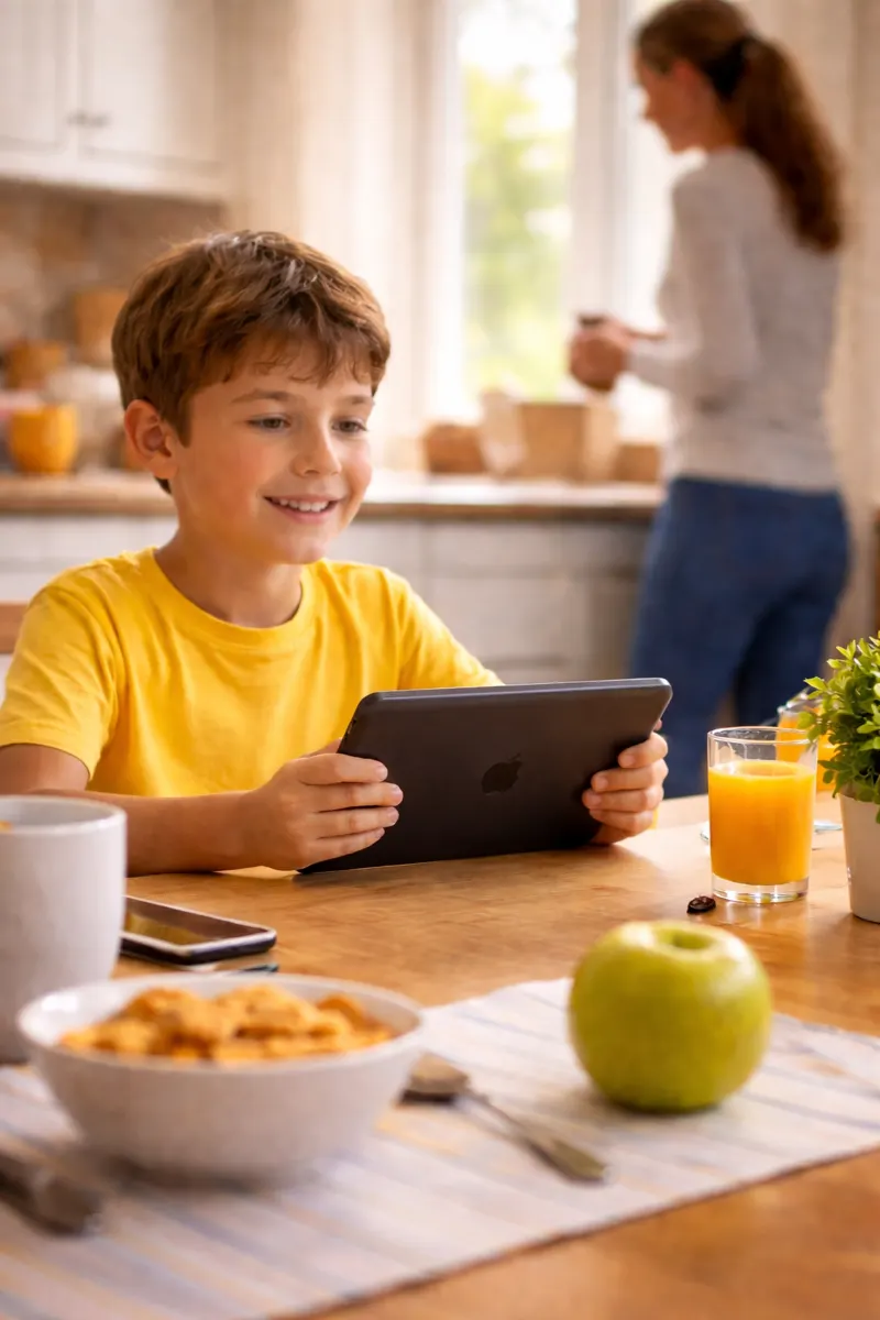Boy at breakfast with a tablet