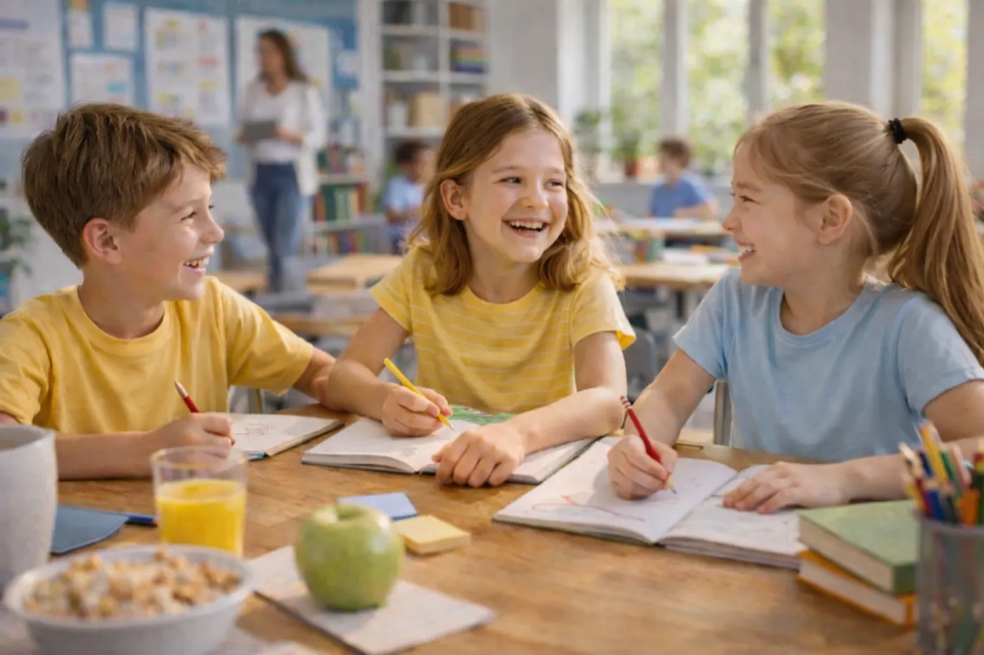 Three children at a table, learning together